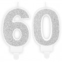Świeczki urodzinowe cyfra 60 brokatowe srebrne - 1