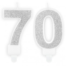 Świeczki urodzinowe cyfra 70 brokatowe srebrne - 1
