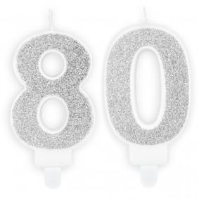 Świeczki urodzinowe cyfra 80 brokatowe srebrne - 1