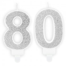 Świeczki urodzinowe cyfra 80 brokatowe srebrne