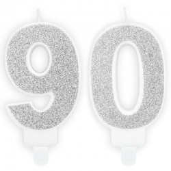 Świeczki urodzinowe cyfra 90 brokatowe srebrne