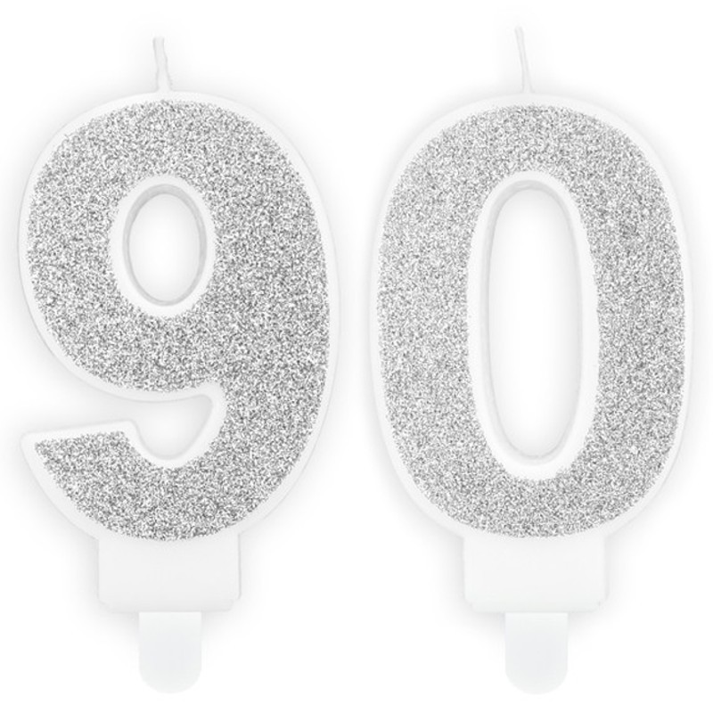 Świeczki urodzinowe cyfra 90 brokatowe srebrne - 1