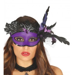 Maska fioletowo-czarna zdobiona piórami i liśćmi