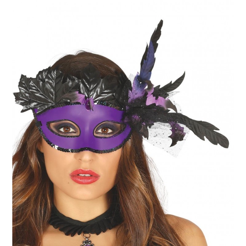 Maska fioletowo-czarna zdobiona piórami i liśćmi - 1