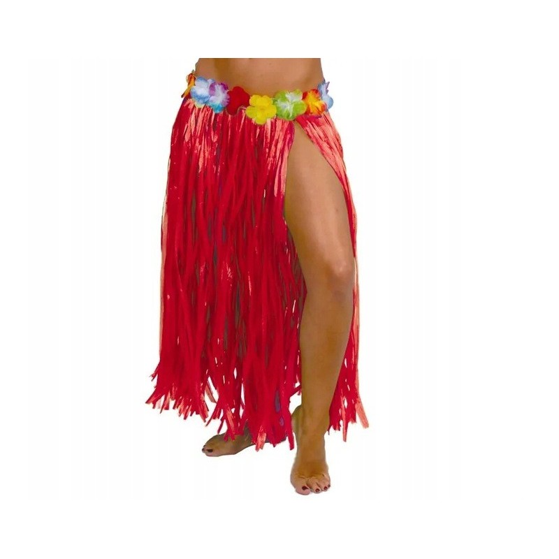 Spódnica hawajska z kwiatami czerwona długa 75cm - 1