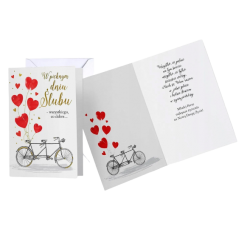 Karnet ślubny kartka z rowerem i sercami życzenia