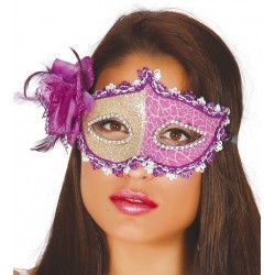 Maska wenecka fioletowo-kremowa z kwiatem ozdobnym