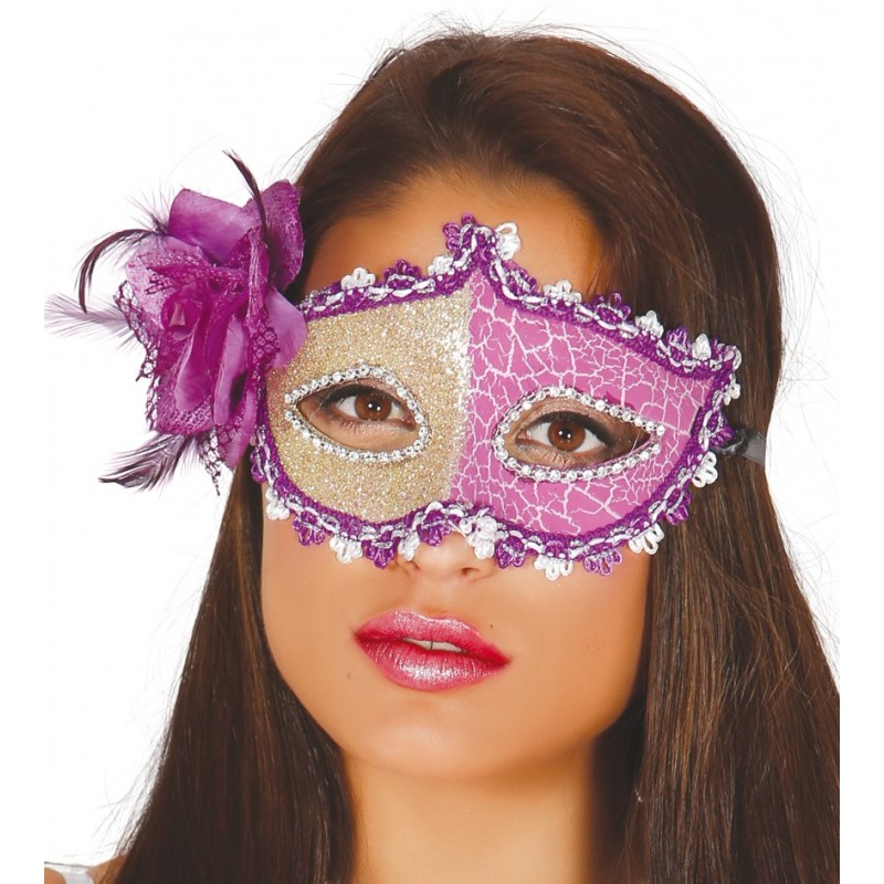 Maska wenecka fioletowo-kremowa z kwiatem ozdobnym - 1