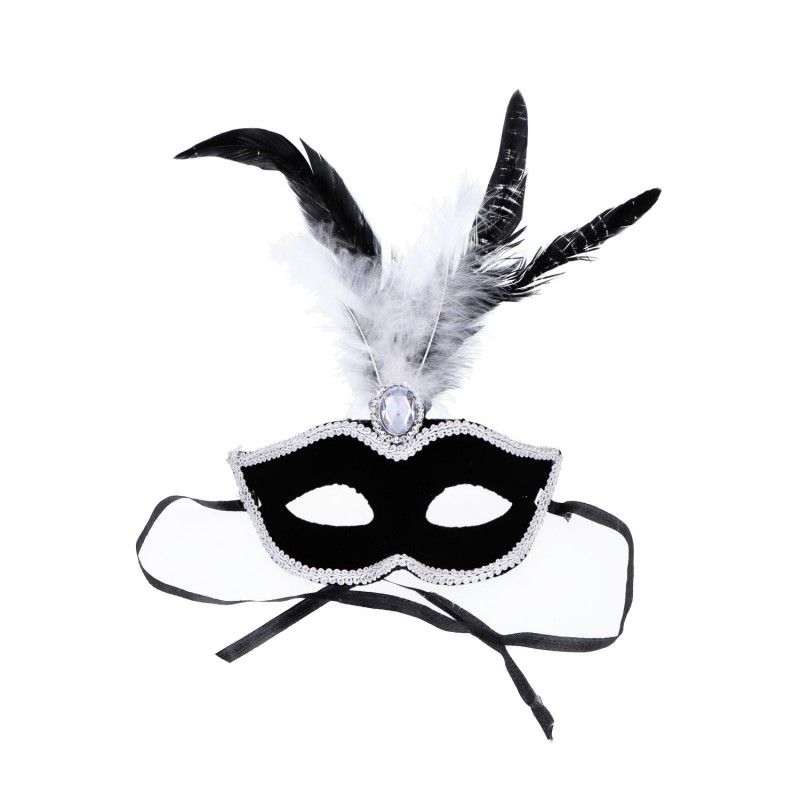 Maska karnawałowa czarna dekorowana białym piórem
