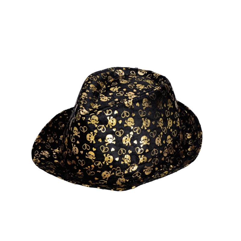 Czarny kapelusz fedora w czaszki złote Halloween