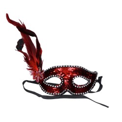 Maska cekinowa z piórami czerwona karnawałowa