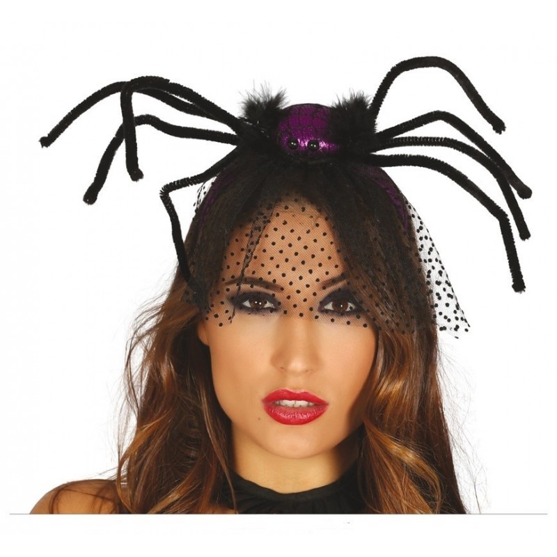 Opaska czarna z pająkiem i woalką halloweenowa - 1