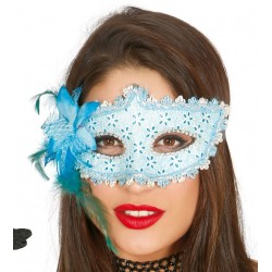 Maska wenecka błękitna z kwiatem karnawałowa