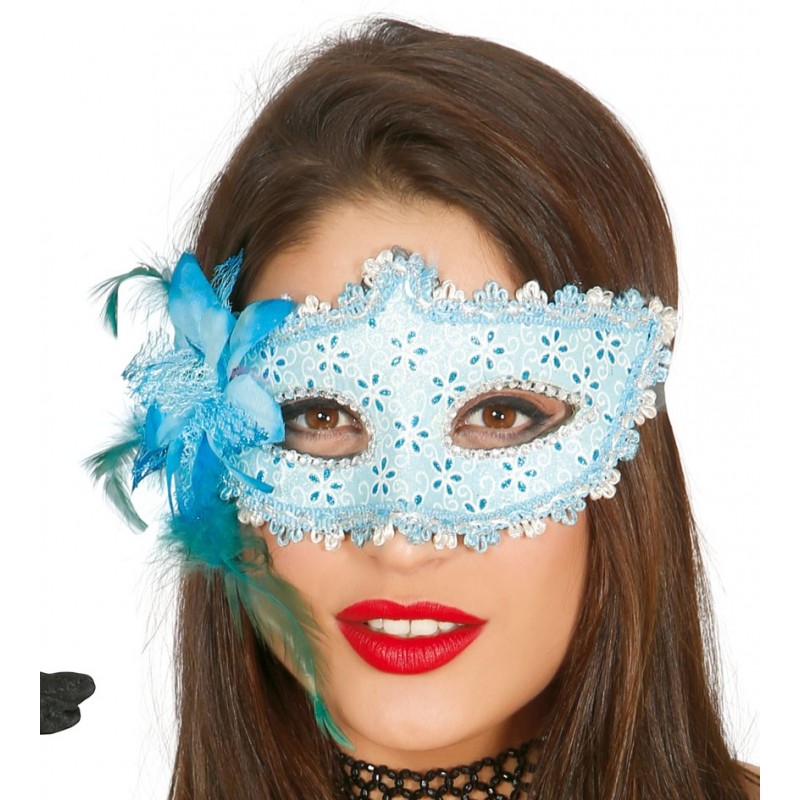 Maska wenecka błękitna z kwiatem karnawałowa - 1