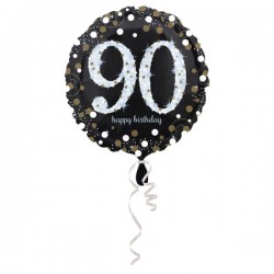 Balon foliowy 90 czarny w kropki złote urodzinowy - 1