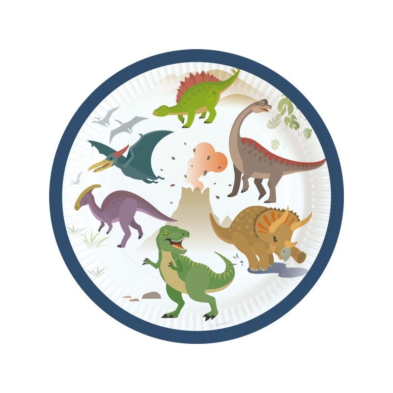 Talerze papierowe okrągłe dinozaury kolorowe 8szt - 1