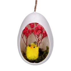 Zawieszka jajko plastikowe z kurczakiem i kwiatkiem mix 5,50x8,50cm
