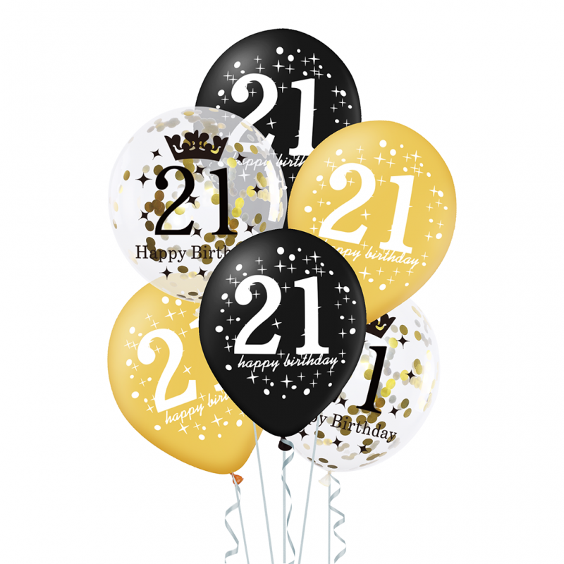 Balony urodzinowe na 21 urodziny złote czarne 6szt - 1