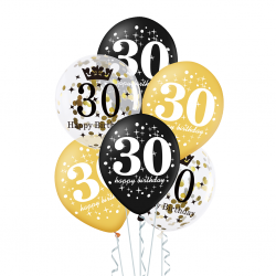 Balony urodzinowe na 30 urodziny złote czarne 6szt - 1