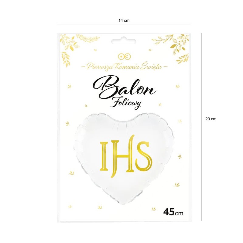 Balon serce komunijny IHS biały złoty na komunie - 2