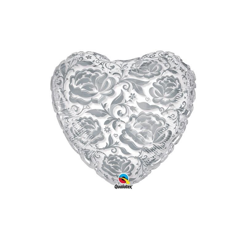 Balon foliowy 24 serce clear w srebrne kwiaty - 1