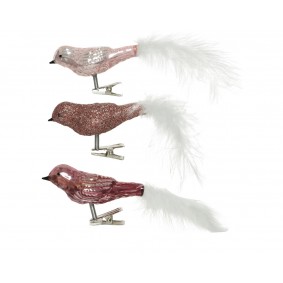 Ptaszki szklane różowe brokatowe piórko na klipsie - 1