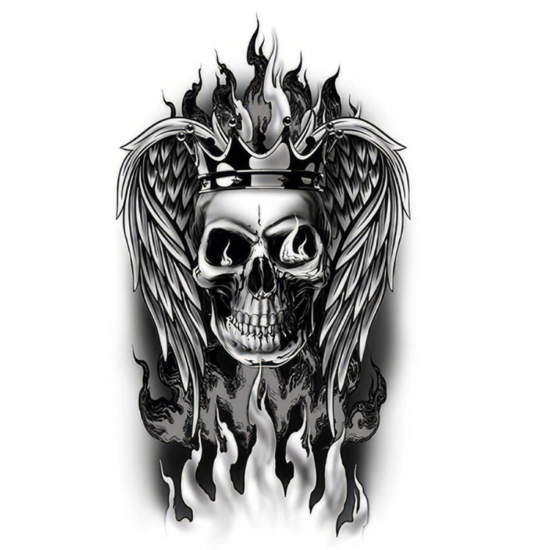 Sztuczny tatuaż czaszka korona skrzydła czarny - 2