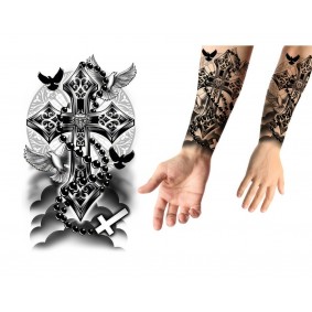 Sztuczny tatuaż krzyż z różańcem i gołębiem czarny - 1