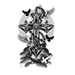 Sztuczny tatuaż krzyż z różańcem i gołębiem czarny - 2