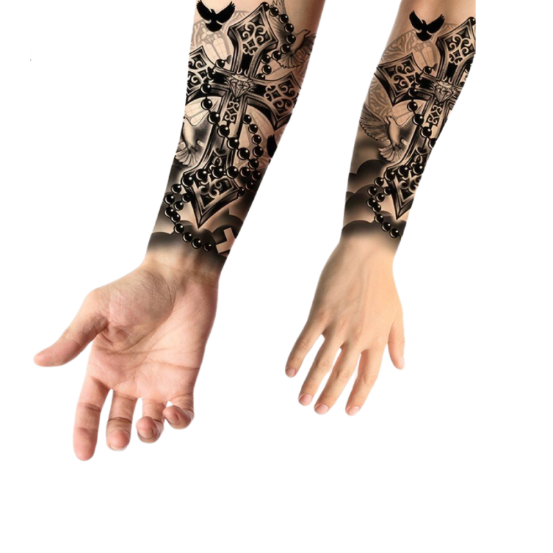 Sztuczny tatuaż krzyż z różańcem i gołębiem czarny - 3