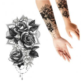 Sztuczny tatuaż róże mandala liście kobiecy czarny - 1