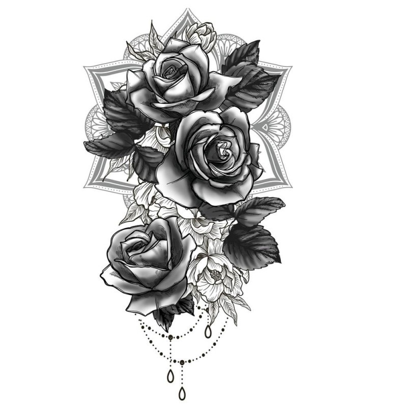 Sztuczny tatuaż róże mandala liście kobiecy czarny - 2