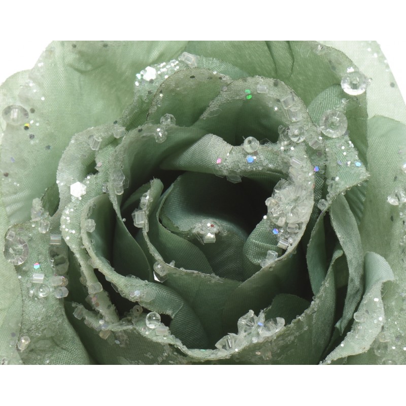 Sztuczny kwiat na klips róża zielona brokat 14cm - 2