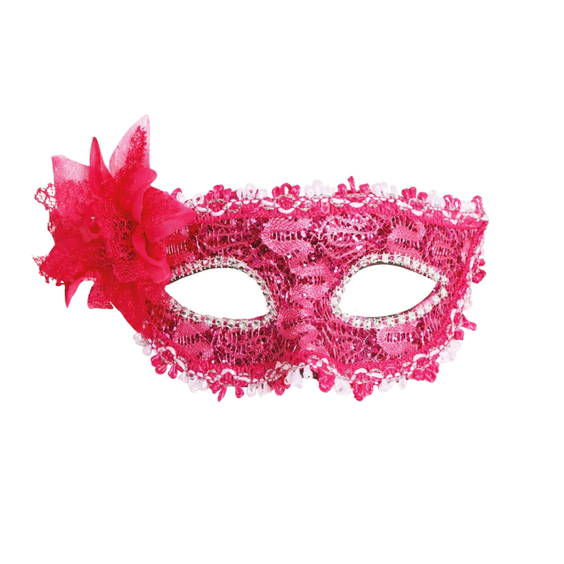 Maska karnawałowa różowa z kwiatem fuksja koronka - 1