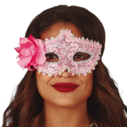 Maska karnawałowa różowa z kwiatem róży i cekinami