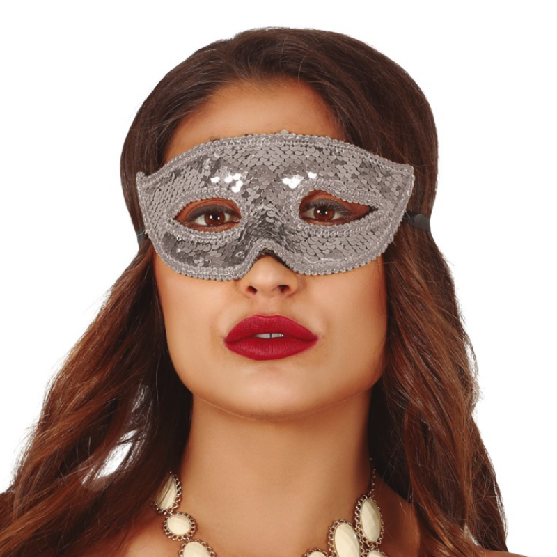 Maska karnawałowa lśniąca srebrna z cekinami 18 cm - 2