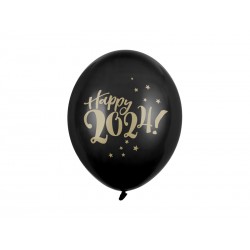 Balon lateksowy 30cm Happy 2024! czarny 6 sztuk - 1