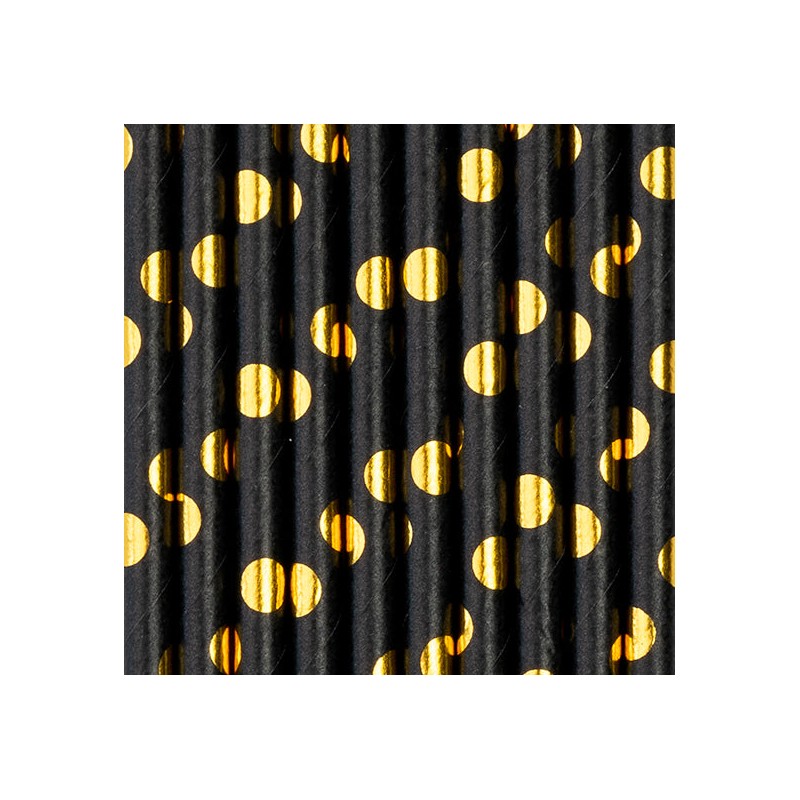 Słomki papierowe czarne w złote kropki 10szt - 2