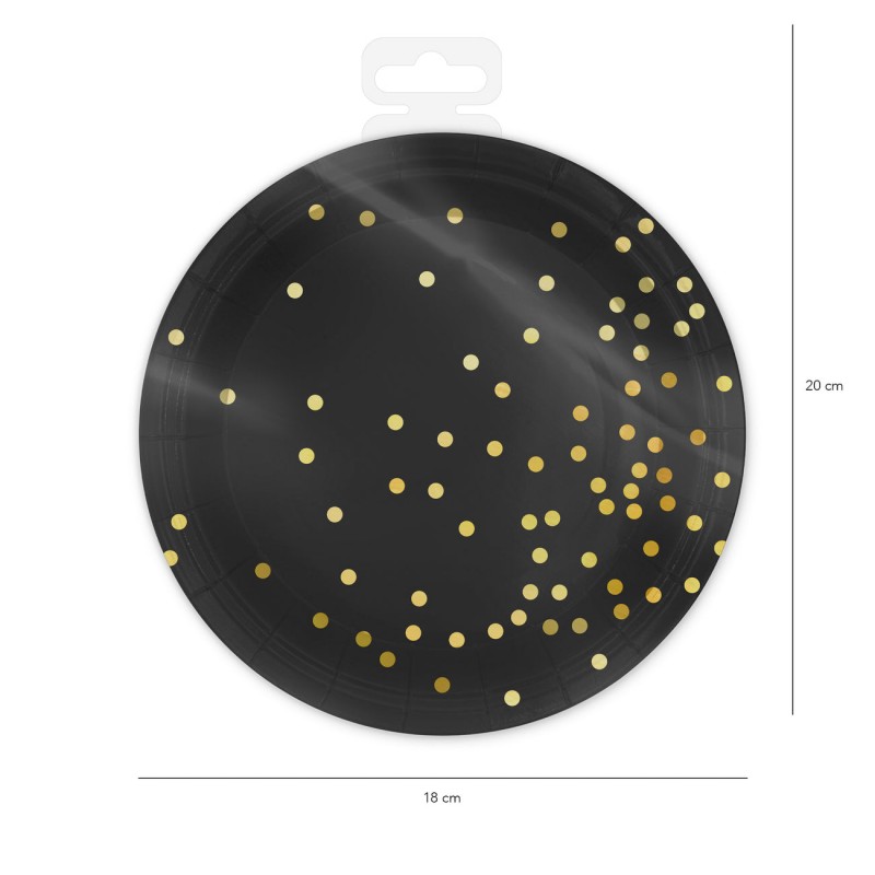 Talerzyki papierowe czarne w złote kropki 23cm - 2