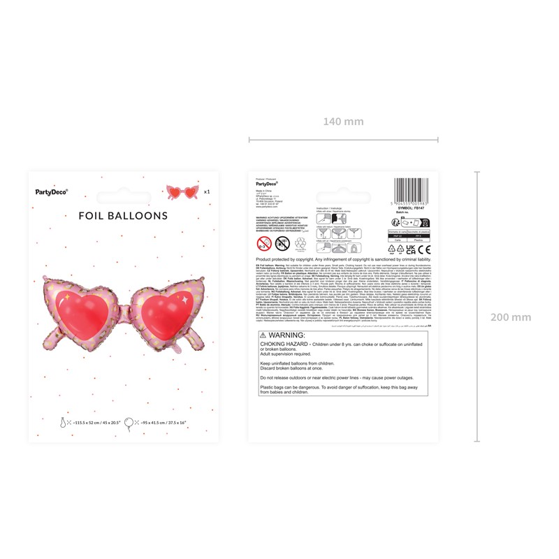 Balon foliowy duże okulary serca różowe 116cm - 2
