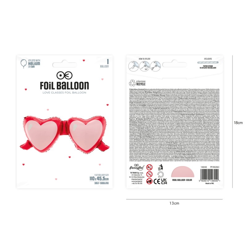 Balon foliowy miłosne okulary serca czerwone 110cm - 2