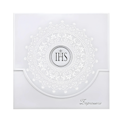 Zaproszenia na Komunie komunijne białe ornament IHS + KOPERTY 10szt