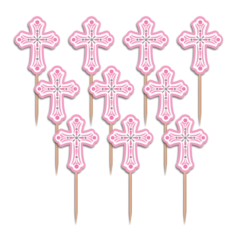 Toppery na piku kościelne różowe krzyże 36szt 6cm - 2