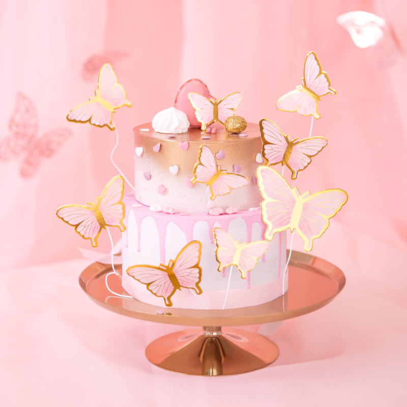 Toppery na tort motylki różowo-złote 10szt 9cm - 4
