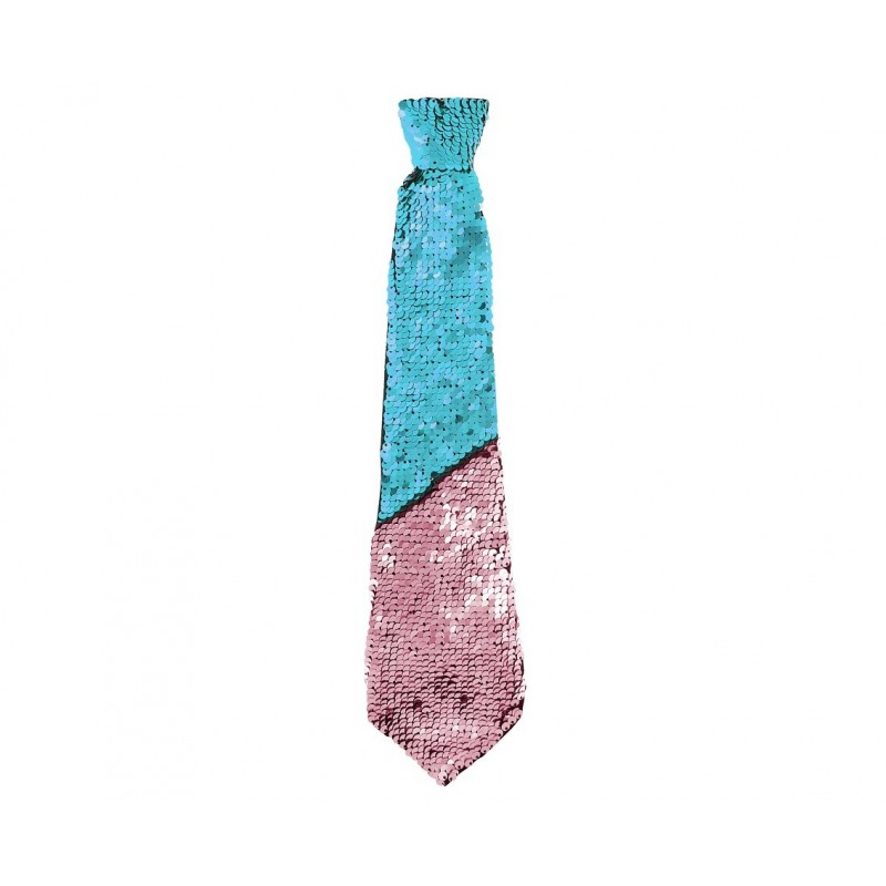 Krawat cekinowy zmieniający kolor turkusowy-różowy - 1