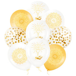 Balony lateksowe komunijne białe złota Hostia IHS konfetti 9szt - 1