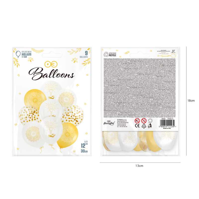 Balony lateksowe komunijne białe złota Hostia IHS konfetti 9szt - 2