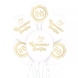 Balony na KOMUNIE Świętą komunijne IHS białe złote lateksowe gumowe 6szt