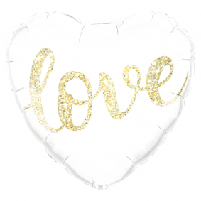 Balon foliowy biały serce złoty napis brokatowy Love weselny ślub 45cm - 1