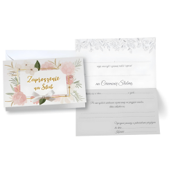 Zaproszenie na Ślub Wesele białe z różowym kwiatami pastelowe 5szt - 1